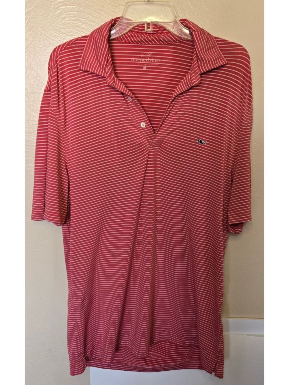 Vineyard Vines Men's Oversized Polyester Pink And White Striped Polo Size Medium